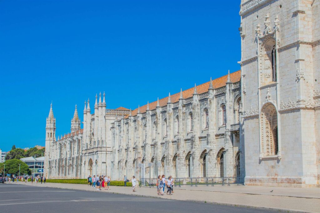 The Manueline stone facade of Jeronimos Monastery in Belem, Lisbon