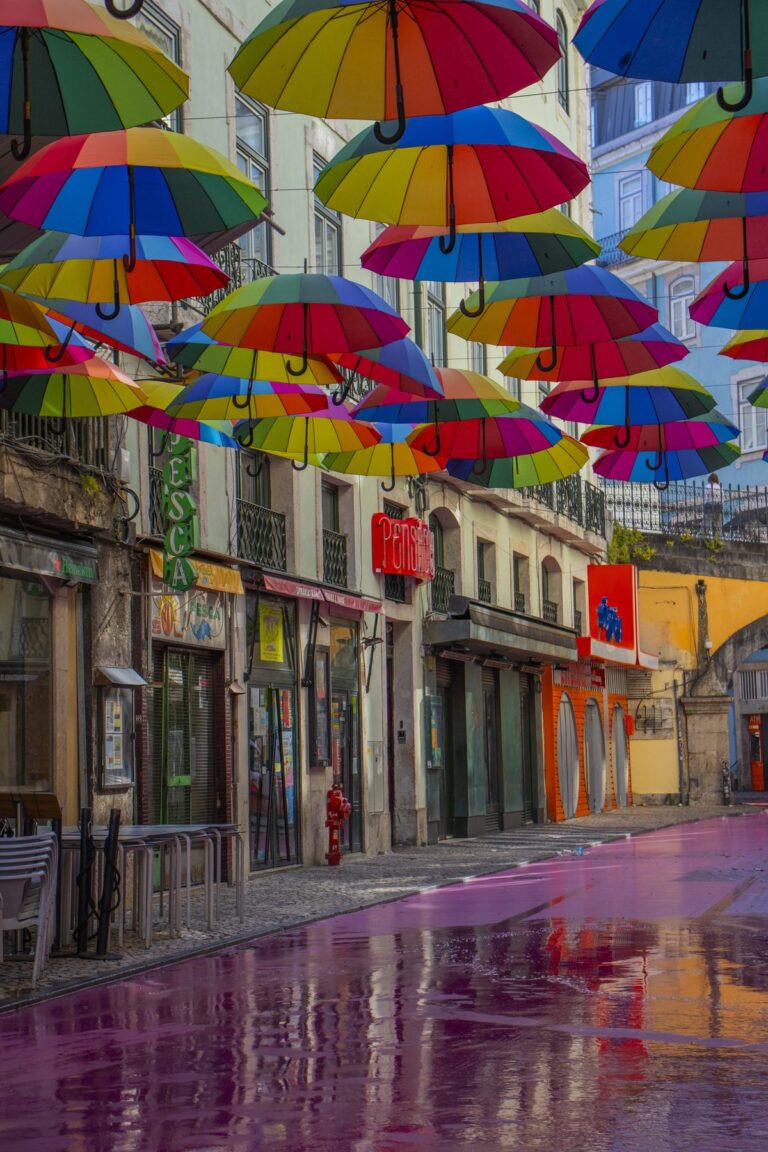 Colourful umbrella street in Lisbon in the morning